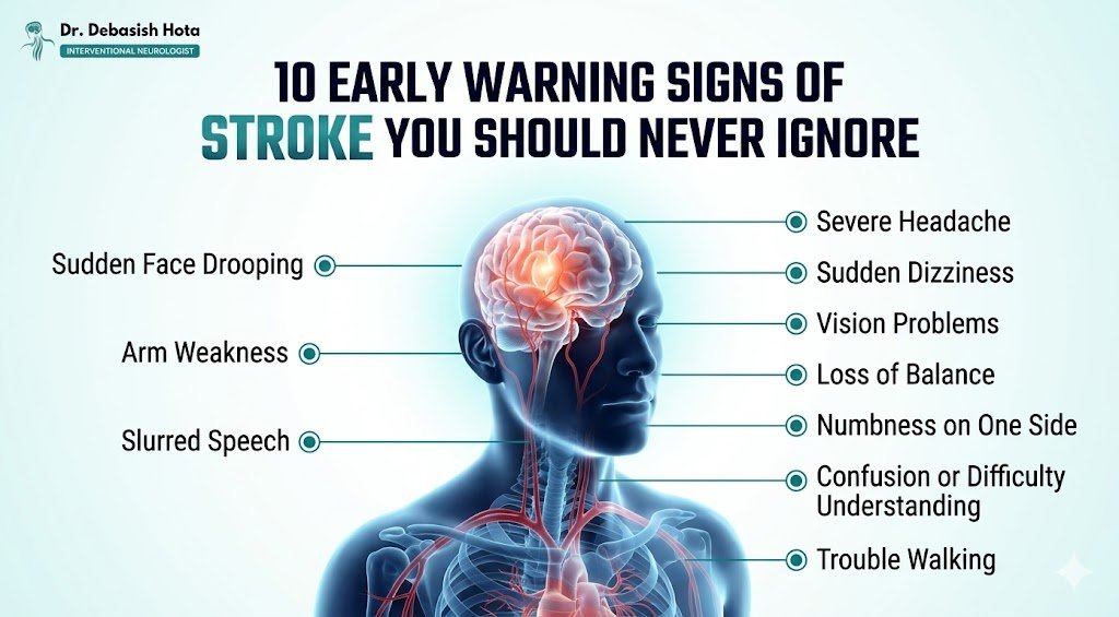 Early warning signs of stroke including facial drooping, weakness, speech difficulty and vision changes