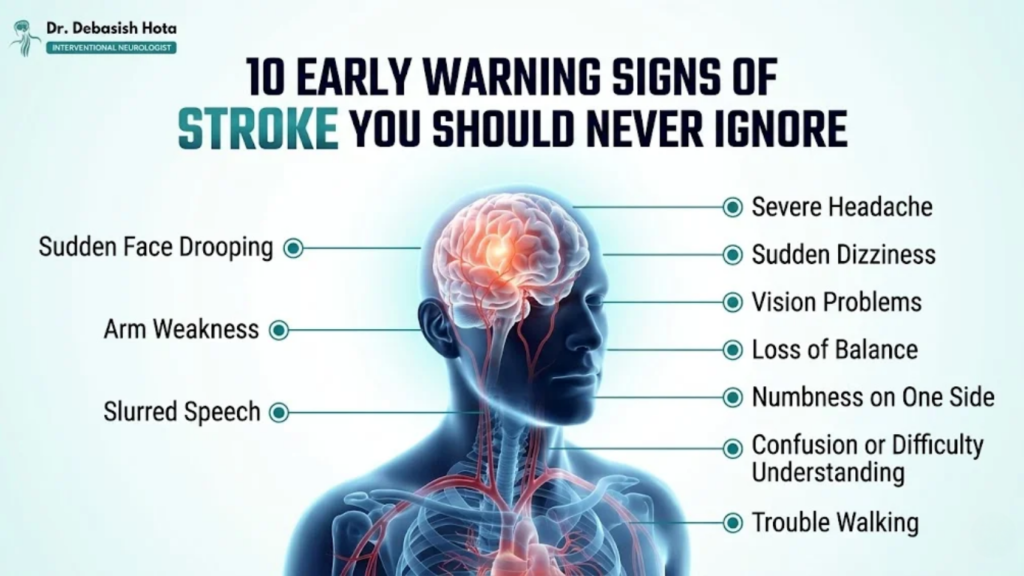 Medical infographic showing the 10 early warning signs of stroke, including sudden face drooping, arm weakness, slurred speech, severe headache, dizziness, vision problems, loss of balance, numbness, confusion, and trouble walking.
