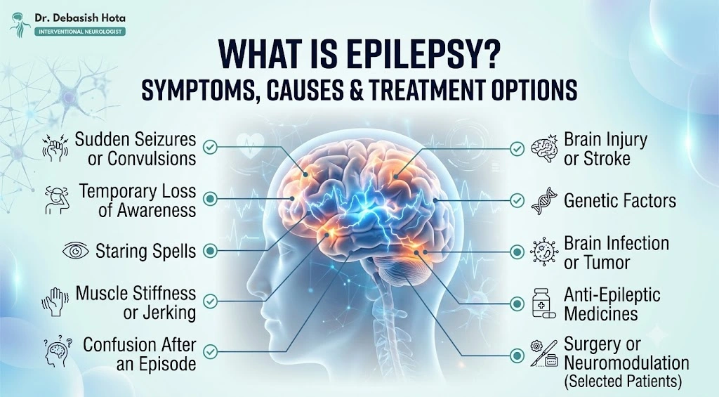 Illustration explaining epilepsy, seizures, symptoms, causes, and treatment