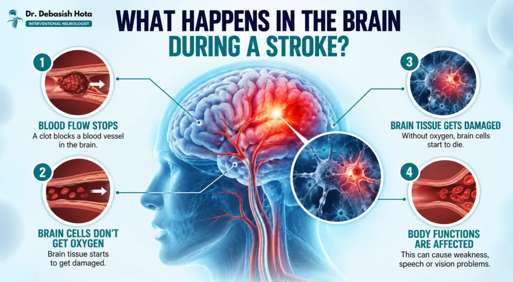 Medical illustration showing what happens in the brain during a stroke