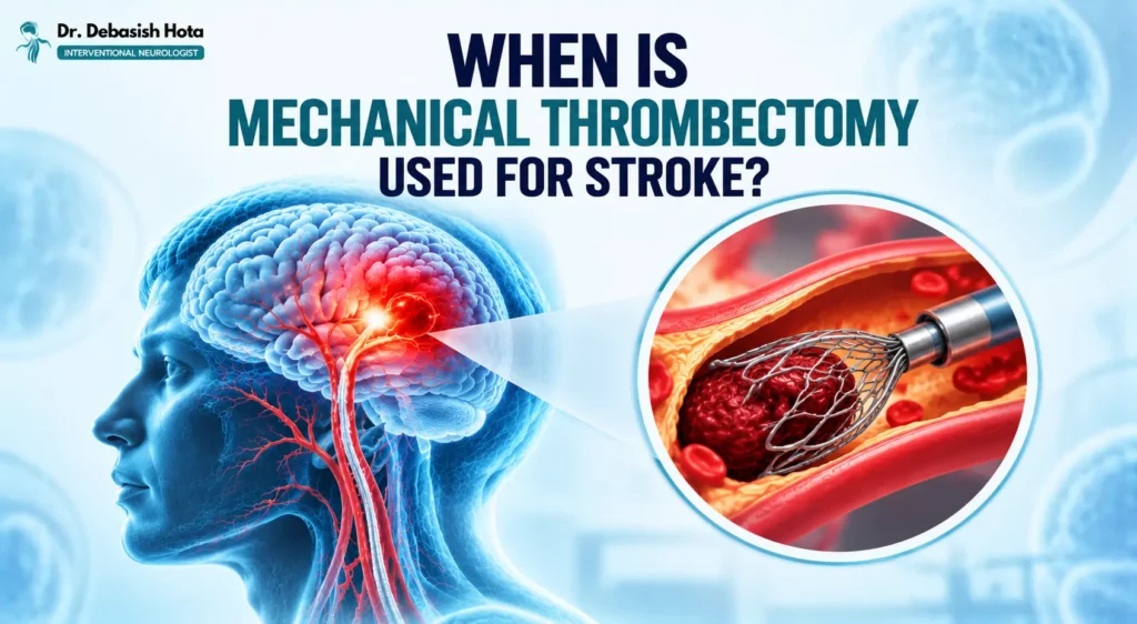 Illustration of mechanical thrombectomy to remove a blood clot causing an ischemic stroke